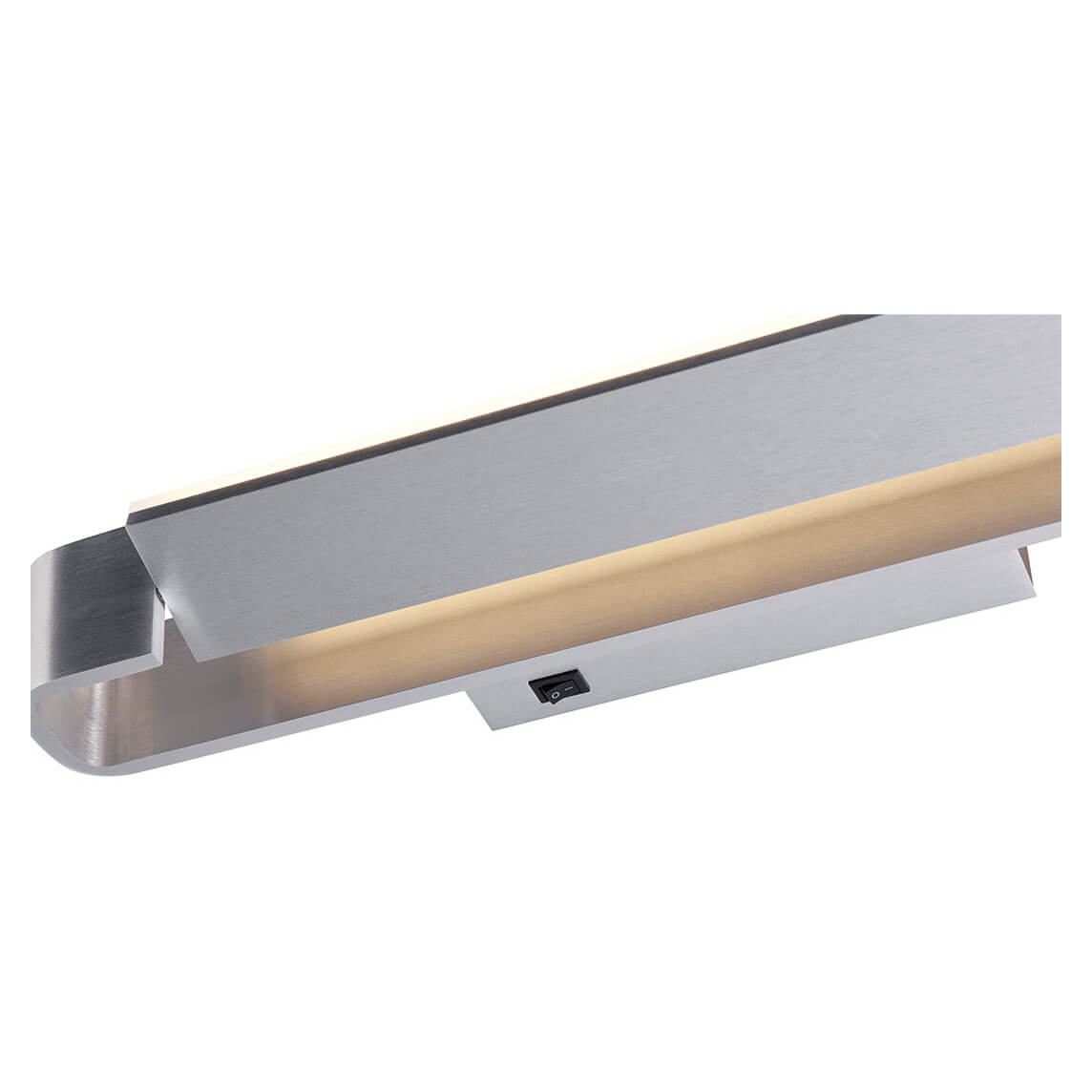 Détail du profil en aluminium brossé avec interrupteur basculant et ruban LED allumé.