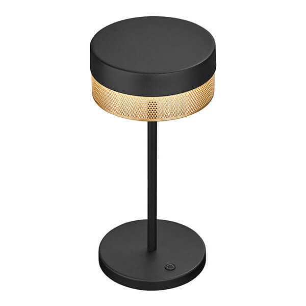 Vue trois-quarts détaillant l'abat-jour doré perforé et le bouton tactile de la base