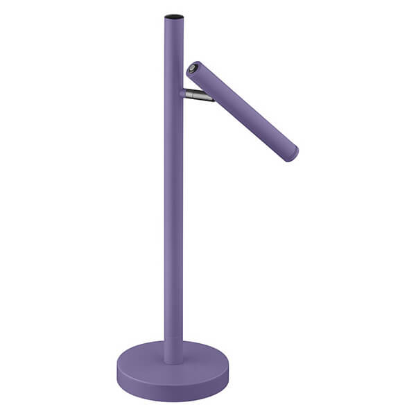 Vue complète du luminaire sans fil violet, pied vertical et projecteur orientable vers le bas.