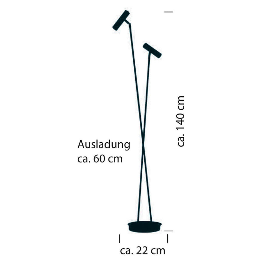 Schéma de dimensions cotées : hauteur 140 cm, base 22 cm, débattement environ 60 cm