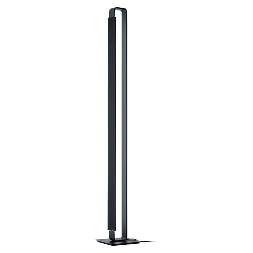 Vue de trois quarts du luminaire éteint, tige LED et structure noire mate