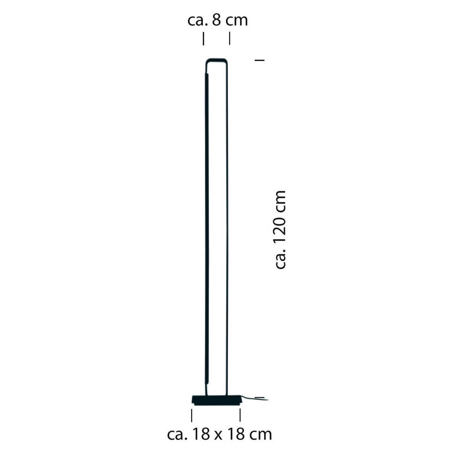 Schéma coté du luminaire : 8 cm de large, 120 cm de haut, base 18 x 18 cm