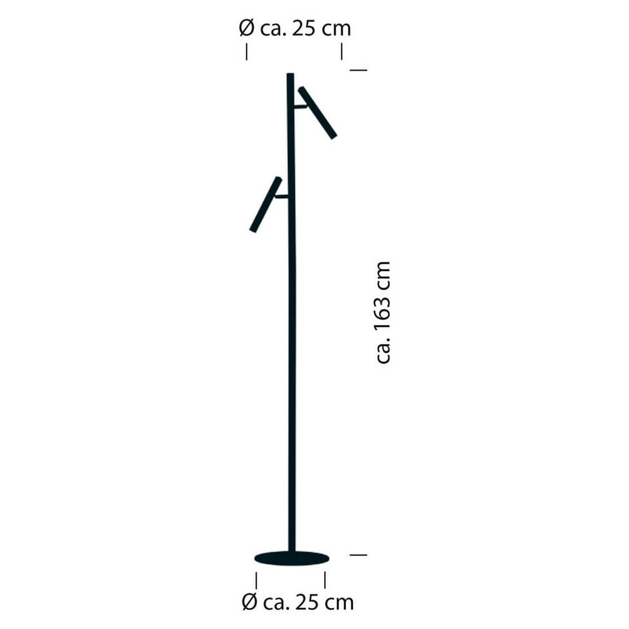 Schéma de dimensions du lampadaire : hauteur 163 cm et socle Ø 25 cm.