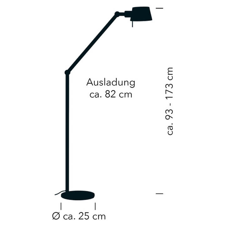 Schéma de dimensions indiquant hauteur réglable, largeur et diamètre de la base.