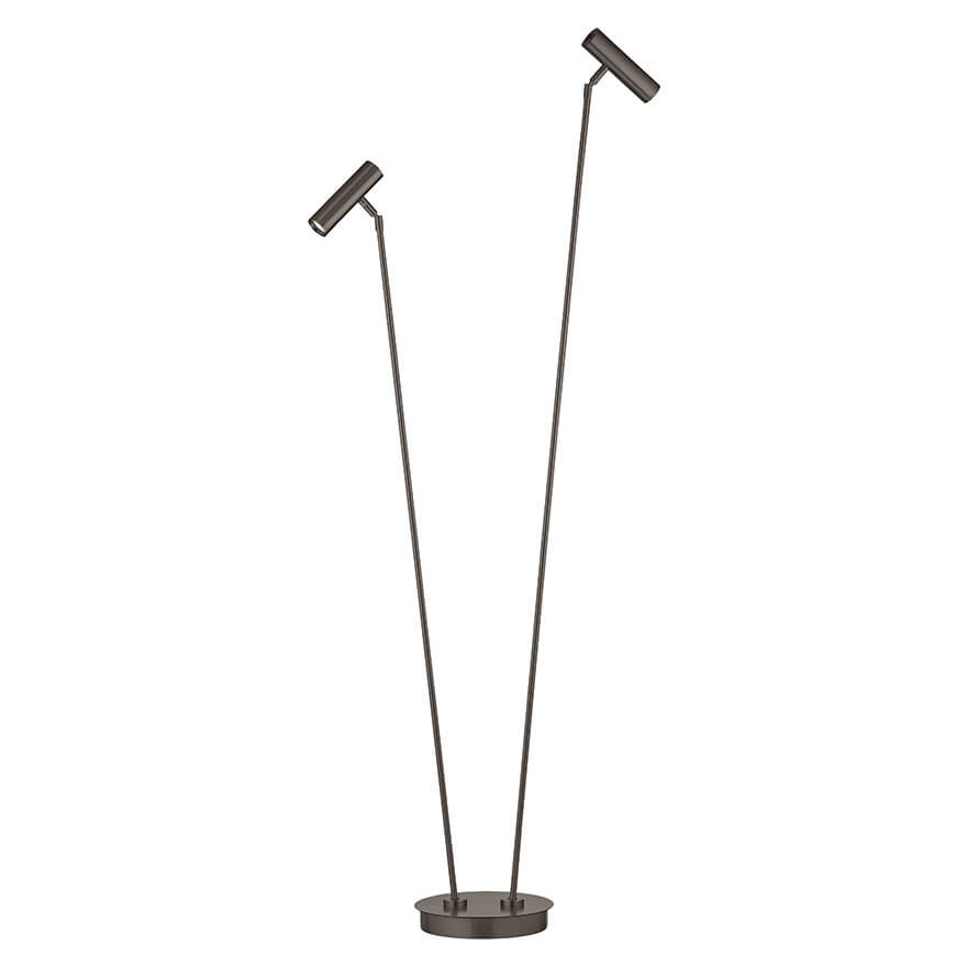 Vue de trois quarts du lampadaire double spot avec tiges fines et base ronde