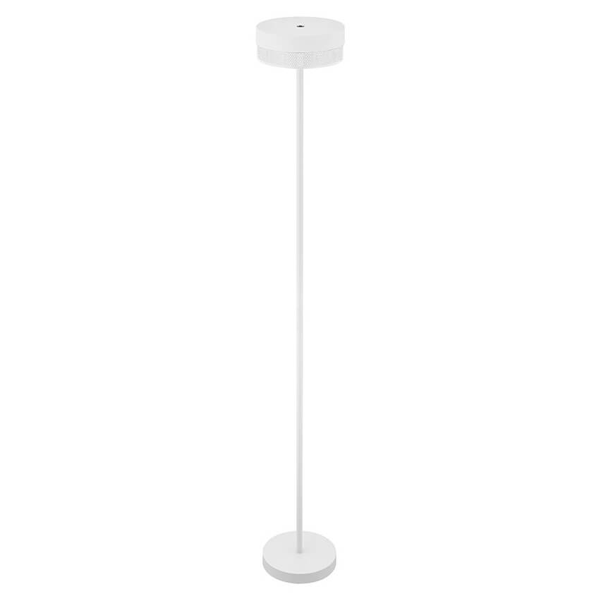 Vue de trois quarts du luminaire blanc, tige fine et diffuseur rond.