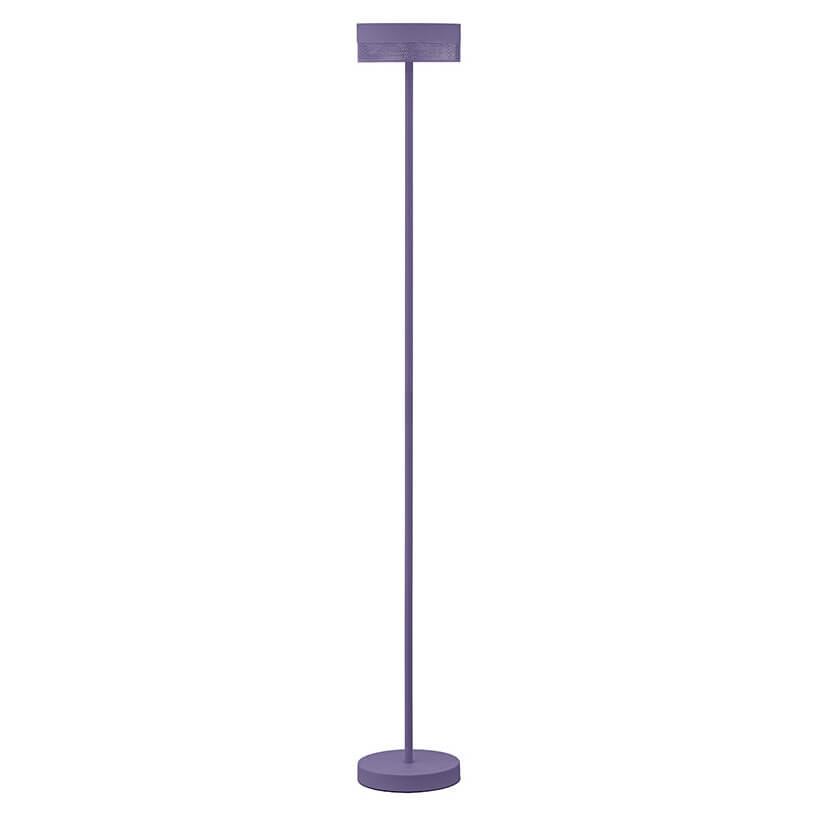 Vue de face du lampadaire sur pied fin, tête rectangulaire et base ronde violette