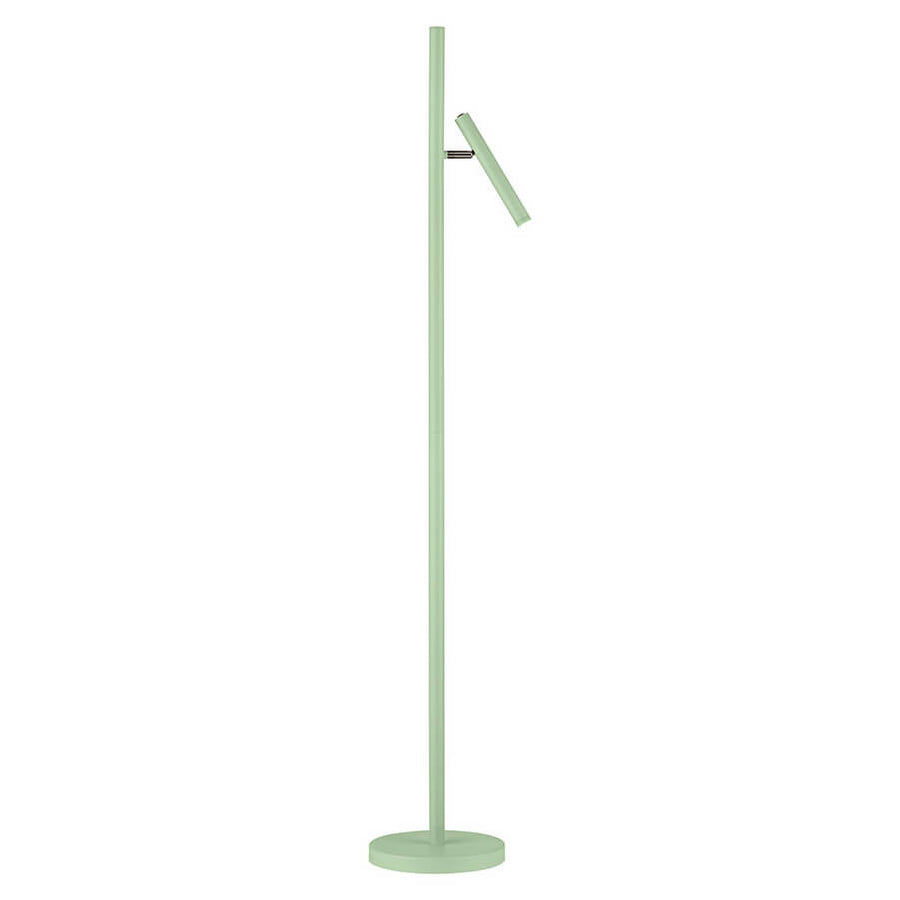 Lampadaire entier debout, base ronde verte et tête orientable relevée vers la droite