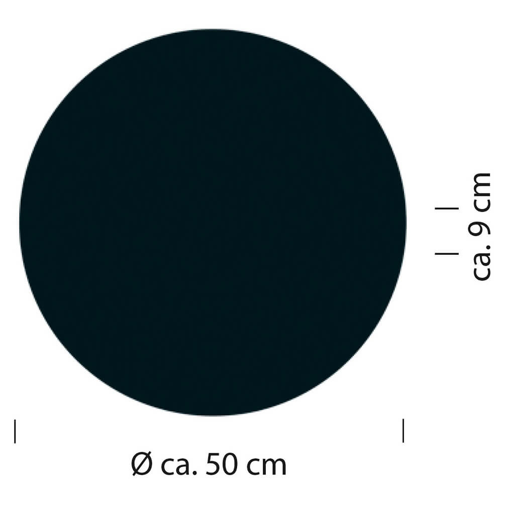 Schéma coté indiquant un diamètre d'environ 50 cm et 9 cm de hauteur