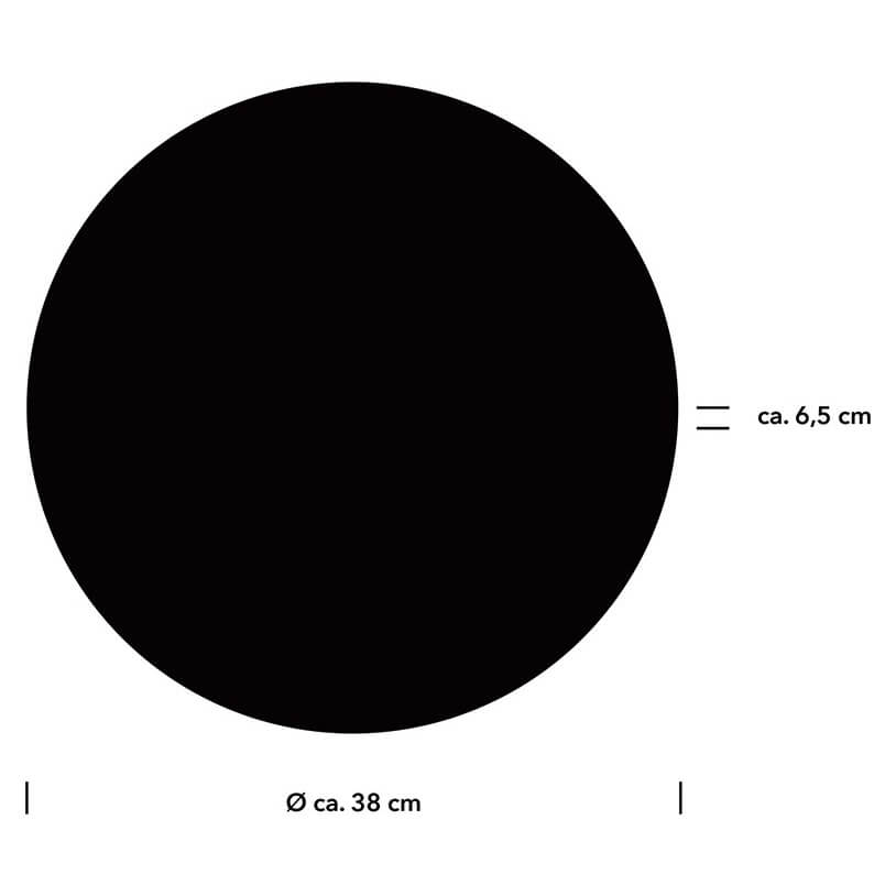 Schéma coté indiquant un diamètre de 38 cm et 6,5 cm d'épaisseur