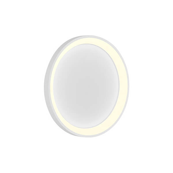 Vue de trois quarts du plafonnier blanc allumé, anneau lumineux périphérique et diffuseur opale.