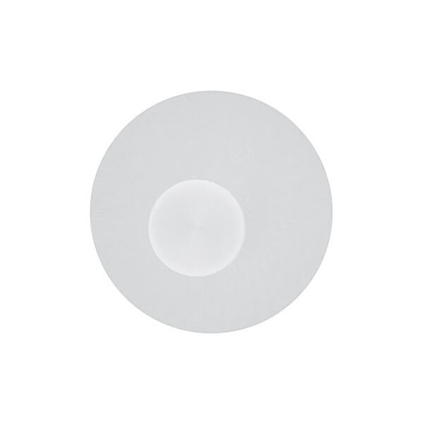 Vue de face du plafonnier rond blanc avec disque central bombé en relief