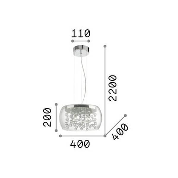 Schéma technique coté du luminaire : diamètre 400, hauteur 200 et suspension 2200 mm.