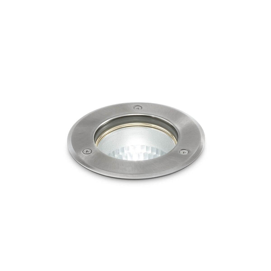 Vue de dessus du spot encastrable rond en acier inoxydable avec verre de protection.