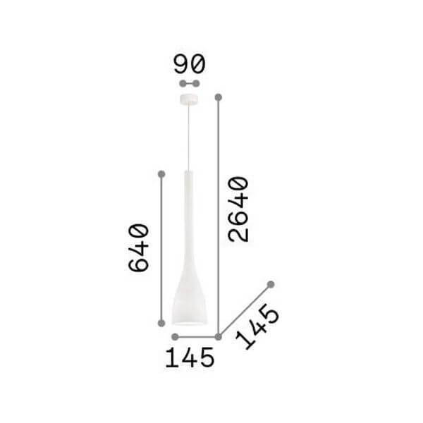 Schéma coté indiquant hauteur 64 cm, largeur 14,5 cm et câble 264 cm