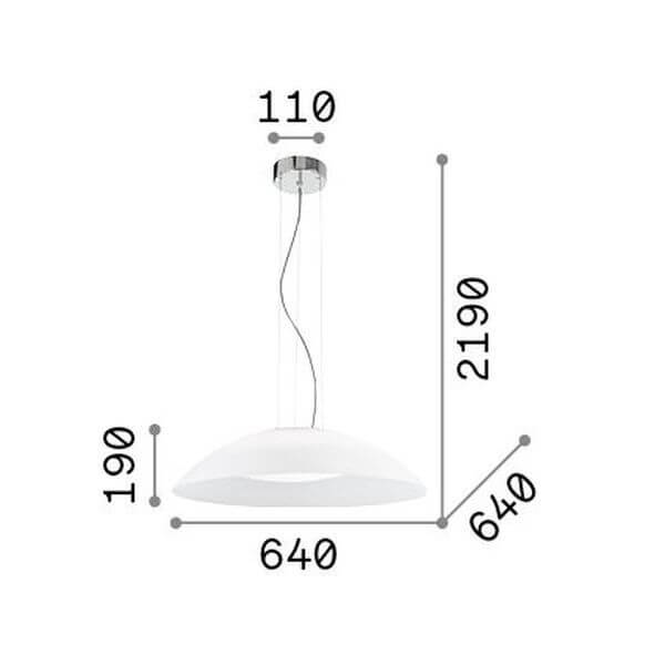 Schéma technique coté de la suspension avec hauteur totale et diamètre de l'abat-jour en verre