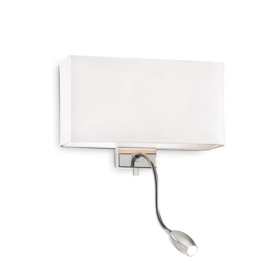 Applique murale blanche à abat-jour rectangulaire en tissu, liseuse flexible chromée, fond blanc