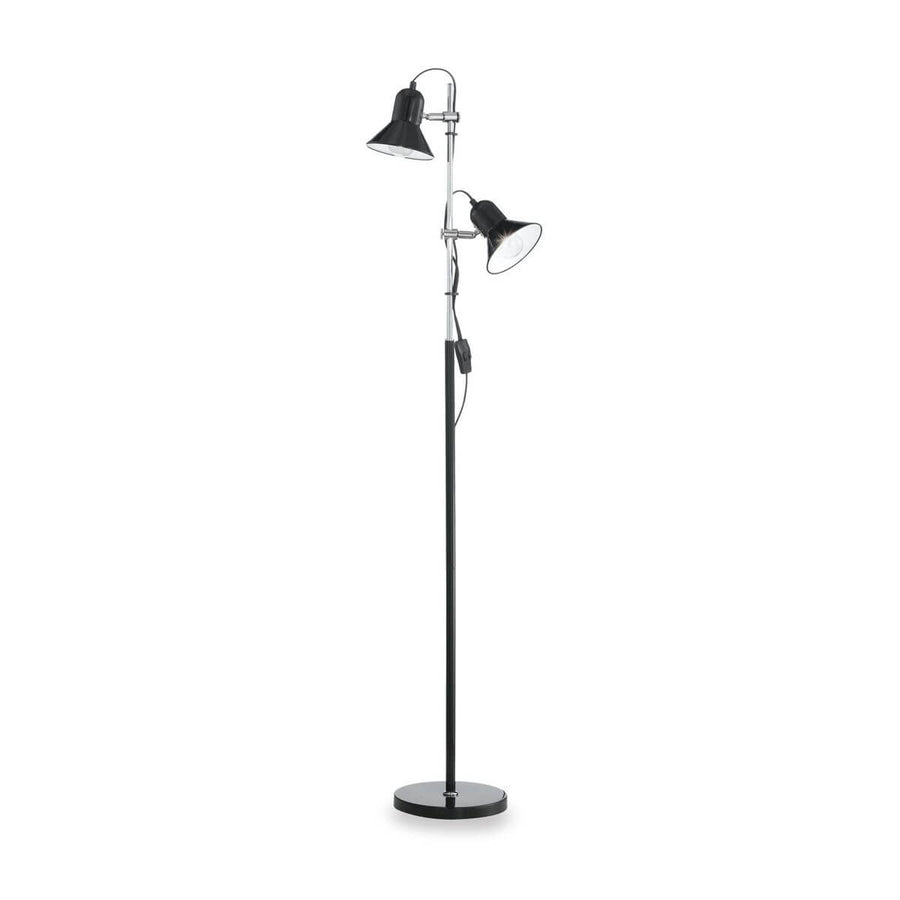 Lampadaire noir deux têtes orientables sur fond blanc, vue produit de face