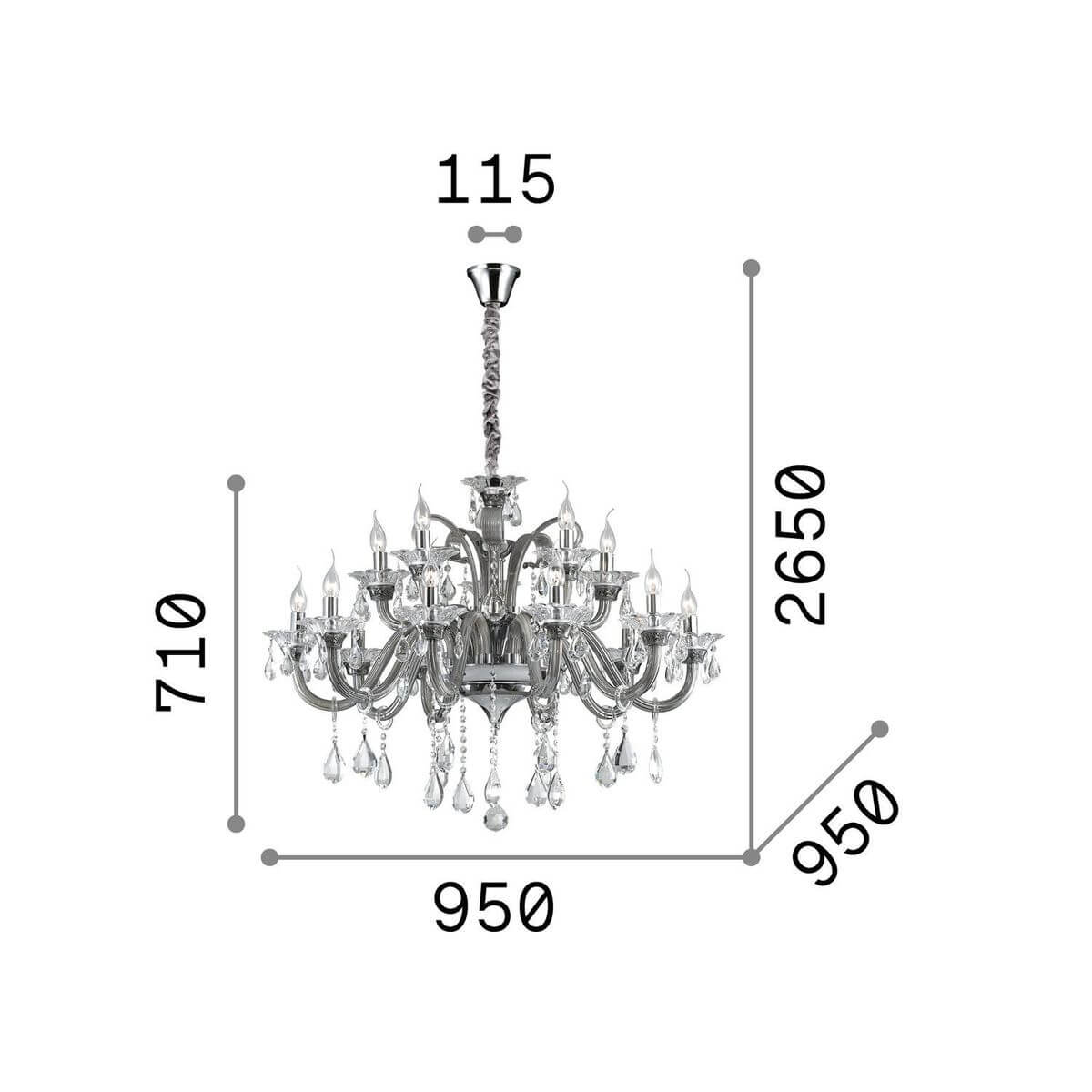 Schéma de dimensions du luminaire, largeur, hauteur et hauteur totale indiquées