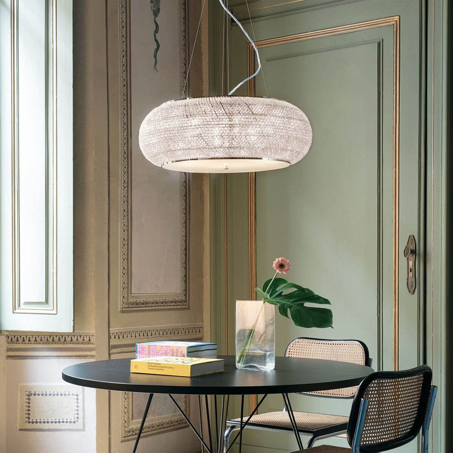 Suspension Pasha 10 lumières chromée, cristal