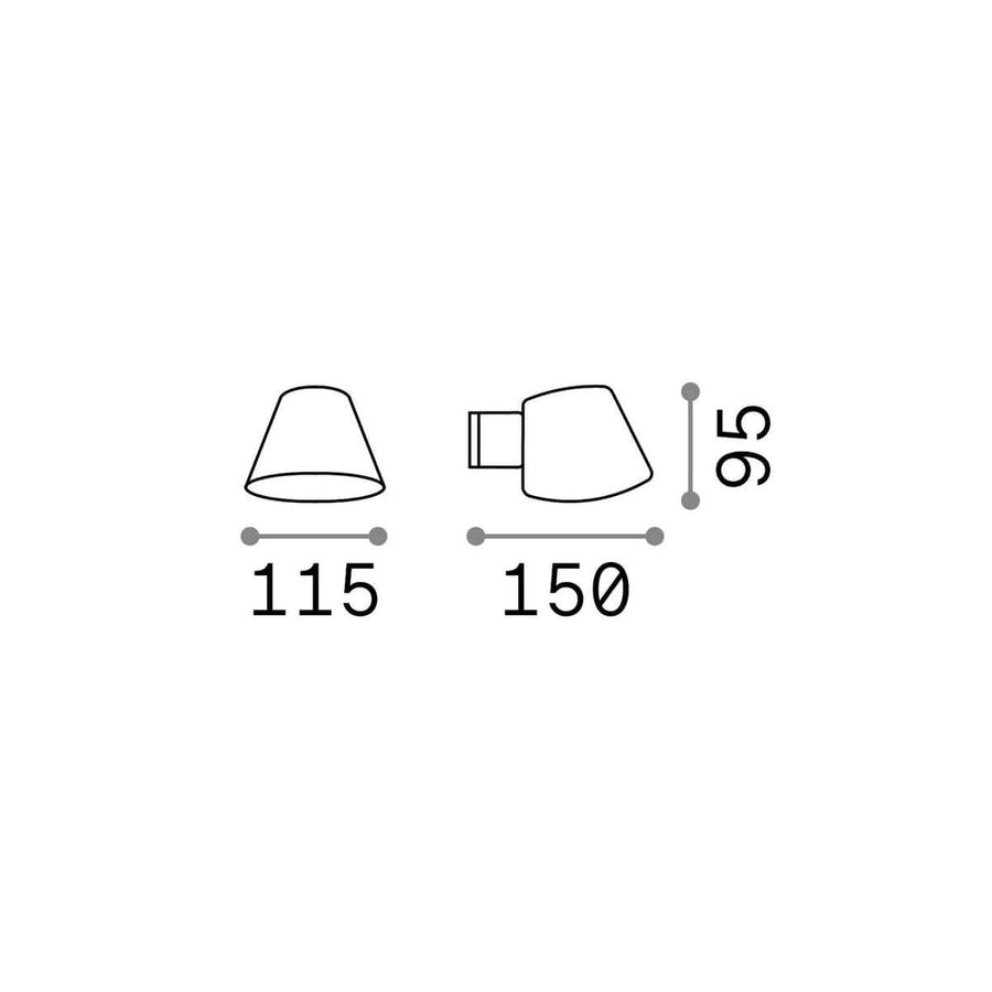 Schéma de dimensions : largeur 115, profondeur 150, hauteur 95 mm.