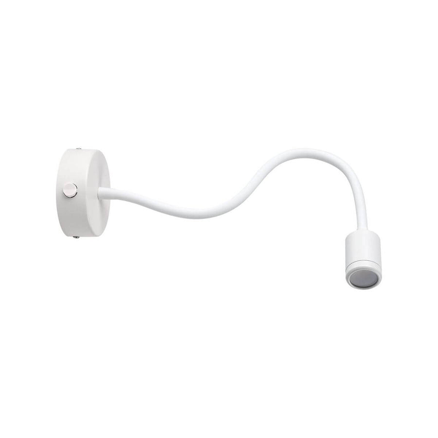 Vue de profil de l'applique blanche, bras flexible et interrupteur sur la base ronde.