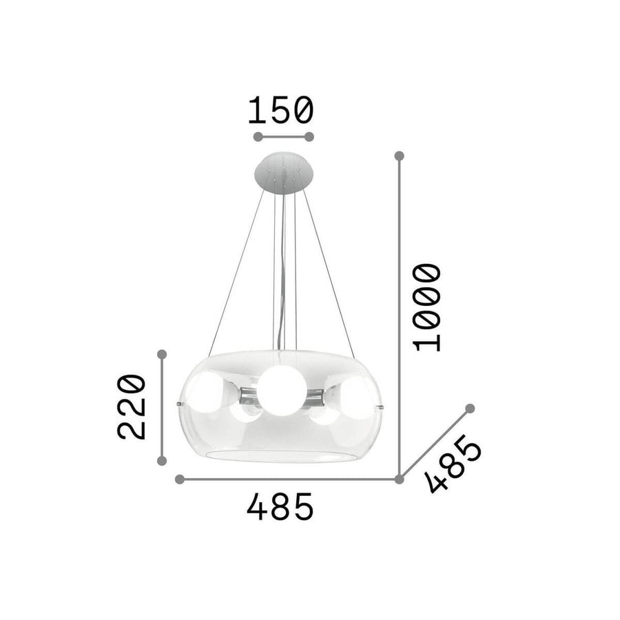 Schéma technique coté du luminaire avec hauteur totale et diamètre du diffuseur