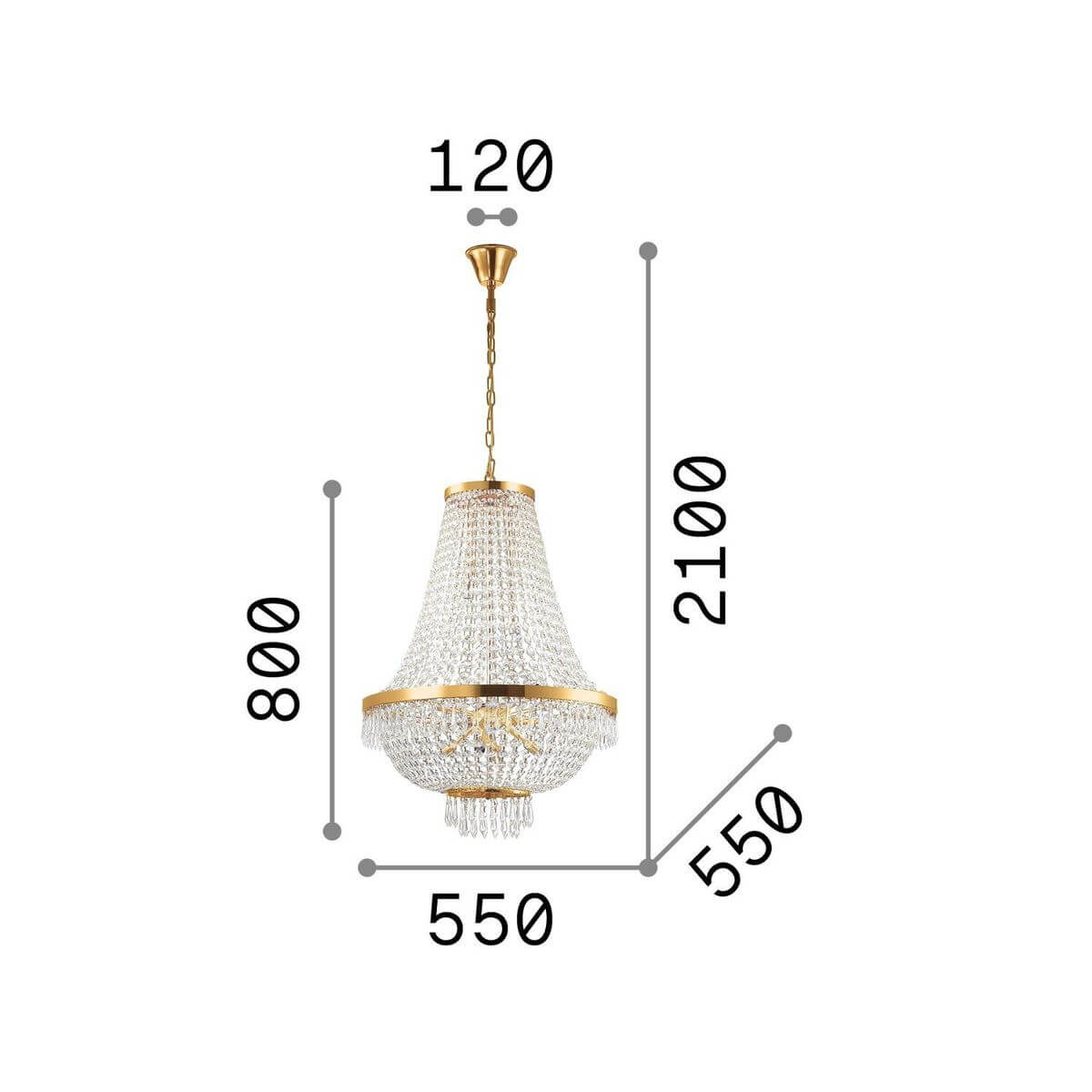 Suspension Caesar 12 lumières dorée, cristal