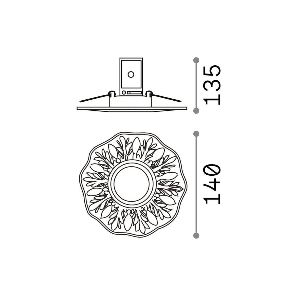Schéma coté du spot, vue de profil et de dessous, diamètre 140