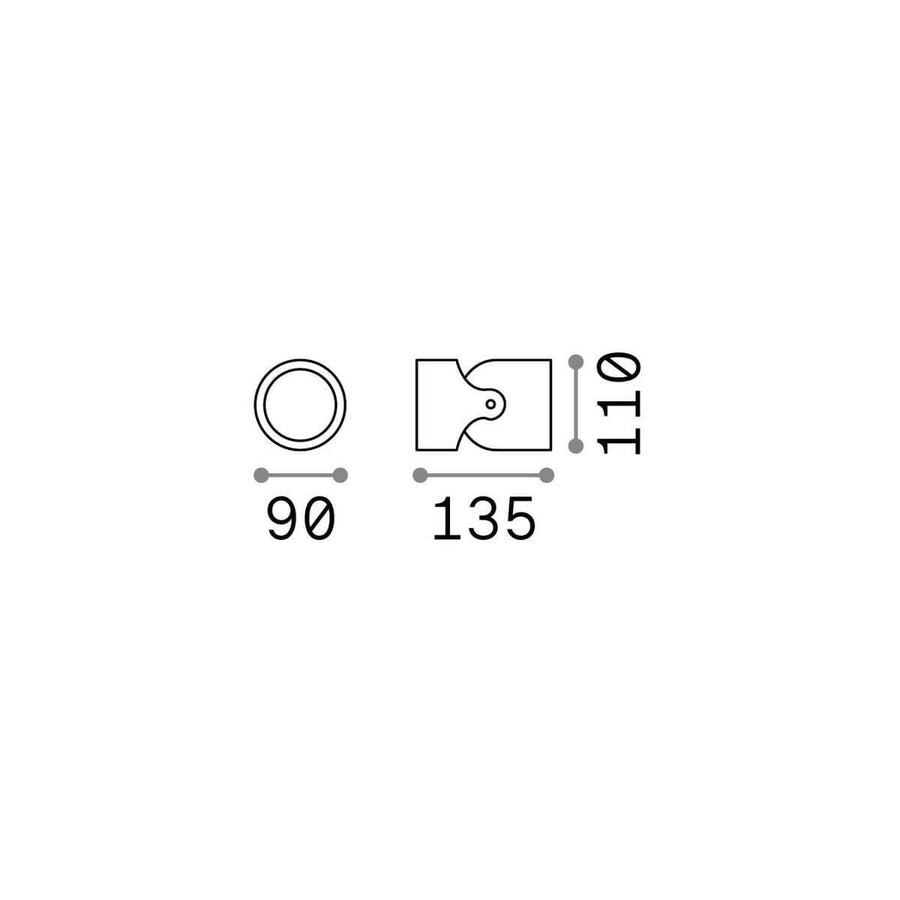 Schéma de dimensions du luminaire : diamètre 90, profondeur 135 et hauteur 110