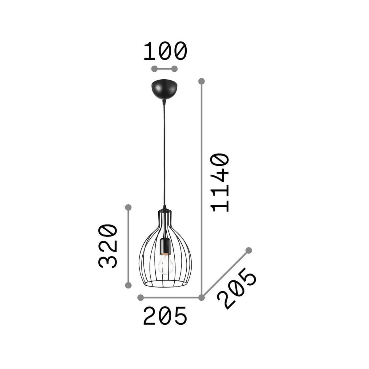 Schéma de dimensions indiquant hauteur 320 mm, diamètre 205 mm et câble 1140 mm