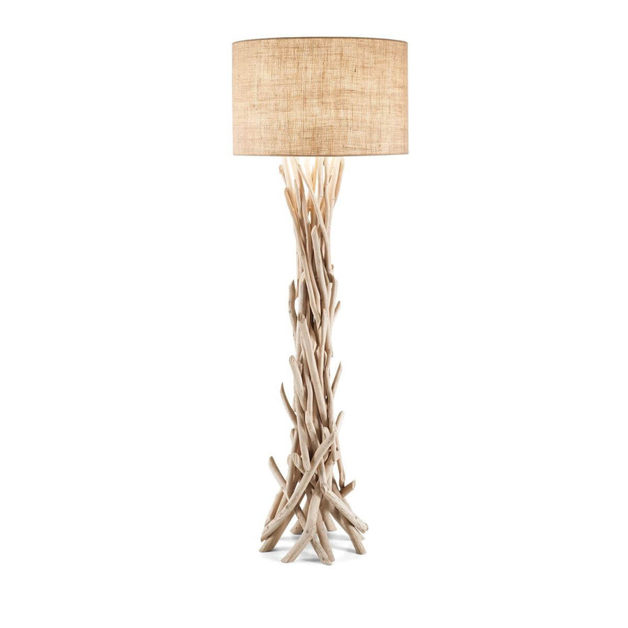 Lampadaire de face, base en bois flotté et abat-jour cylindrique en lin beige