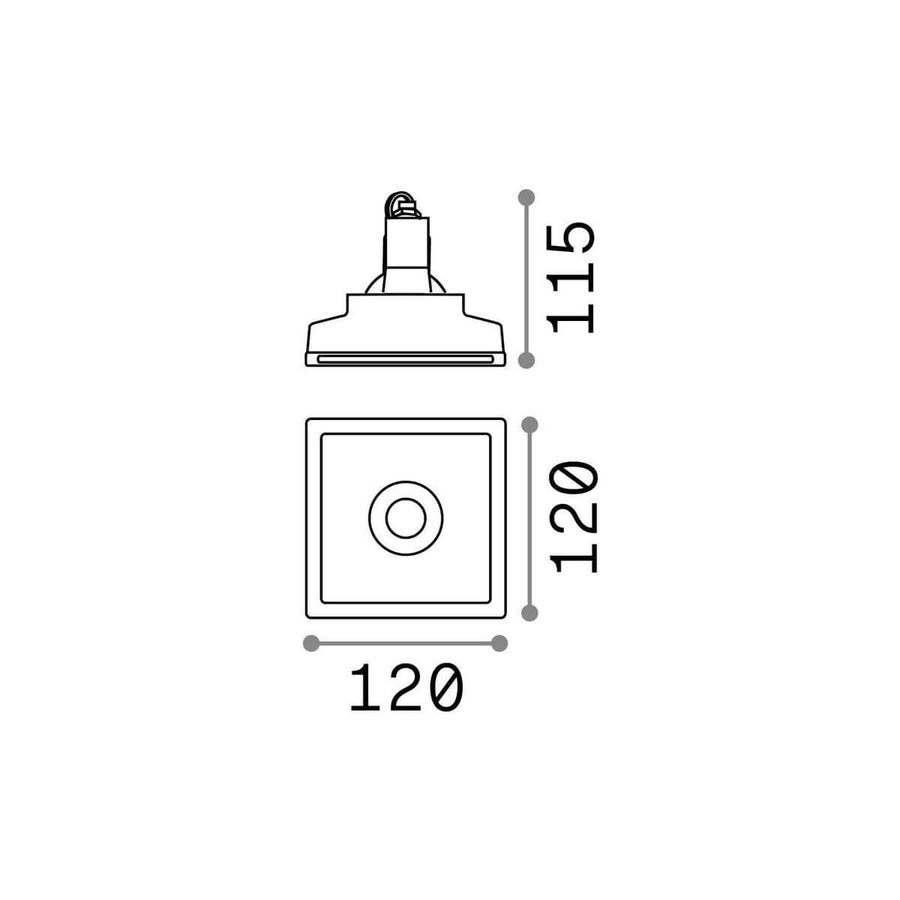 Schéma coté du spot : largeur 120 mm, profondeur 120 mm, hauteur totale 115 mm