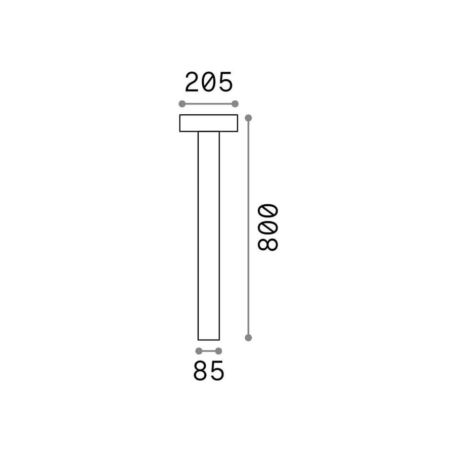 Schéma technique coté du lampadaire : hauteur 800 mm, largeur tête 205 mm, base 85 mm.