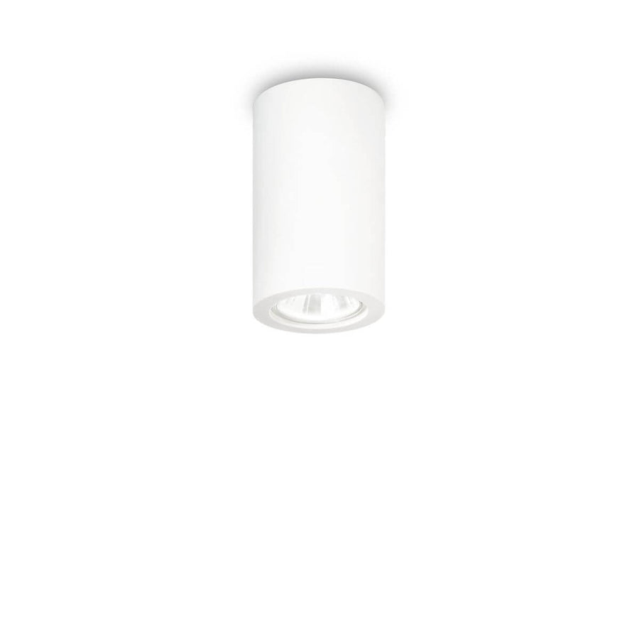 Plafonnier cylindrique blanc en plâtre, présenté de face sur fond blanc uni