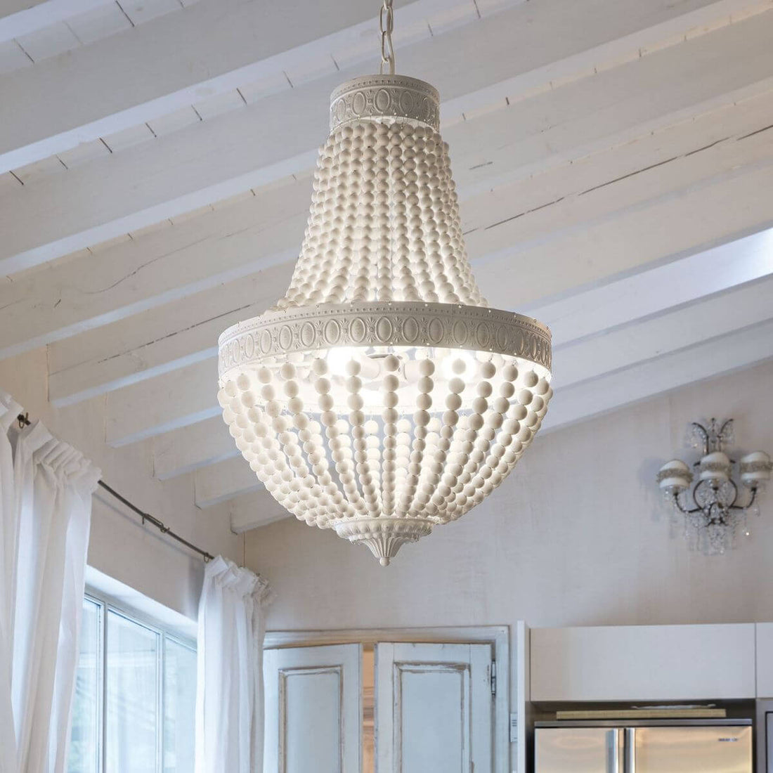 Suspension Monet 6 lumières blanche, bois