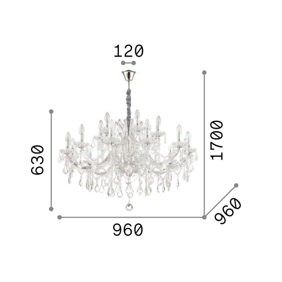 Schéma technique coté du lustre avec hauteur et diamètre, sur fond blanc.
