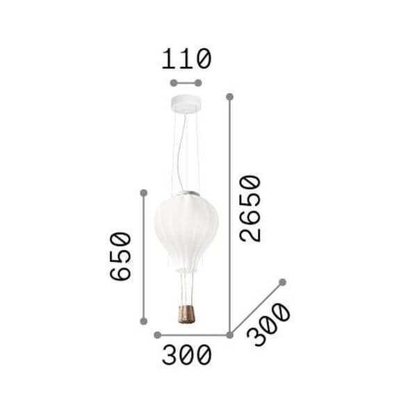 Schéma coté du luminaire : hauteur 650 mm, câble 2650 mm, diamètre 300 mm.