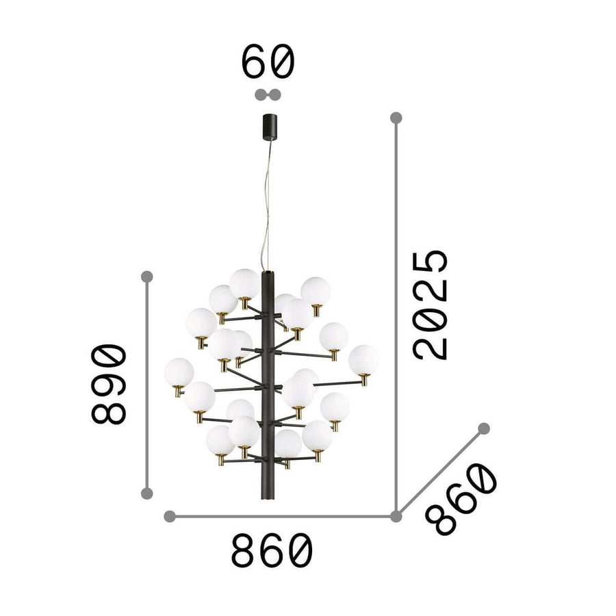 Schéma coté du luminaire : hauteur 2025 mm, largeur et profondeur 860 mm.