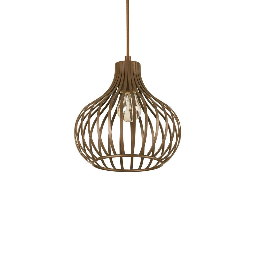 Suspension seule de face, cage métallique brune et ampoule apparente sur fond blanc
