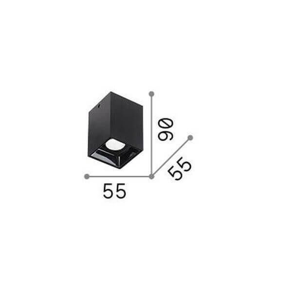 Schéma de dimensions du plafonnier noir : 55, 90 et 55 millimètres