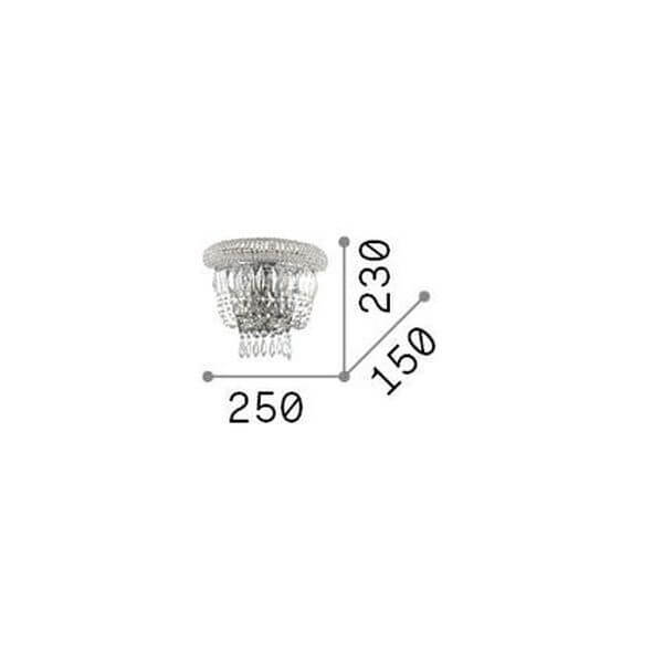 Schéma de dimensions du luminaire avec largeur 250, hauteur 230 et profondeur 150