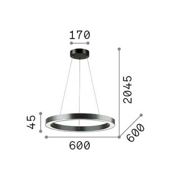 Schéma coté du luminaire : diamètre 600 mm, hauteur anneau 45 mm, câbles 2045 mm