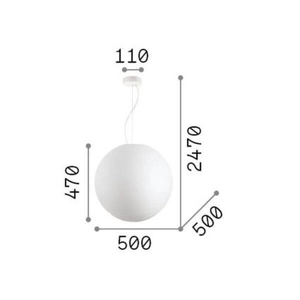 Schéma de dimensions du luminaire : diamètre 50 cm, hauteur 47 cm, câble 247 cm