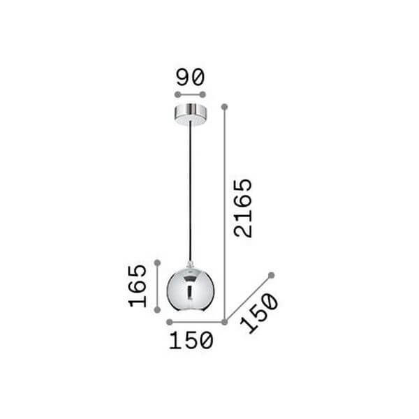 Schéma technique coté indiquant hauteur totale, diamètre de la boule et longueur de suspension.