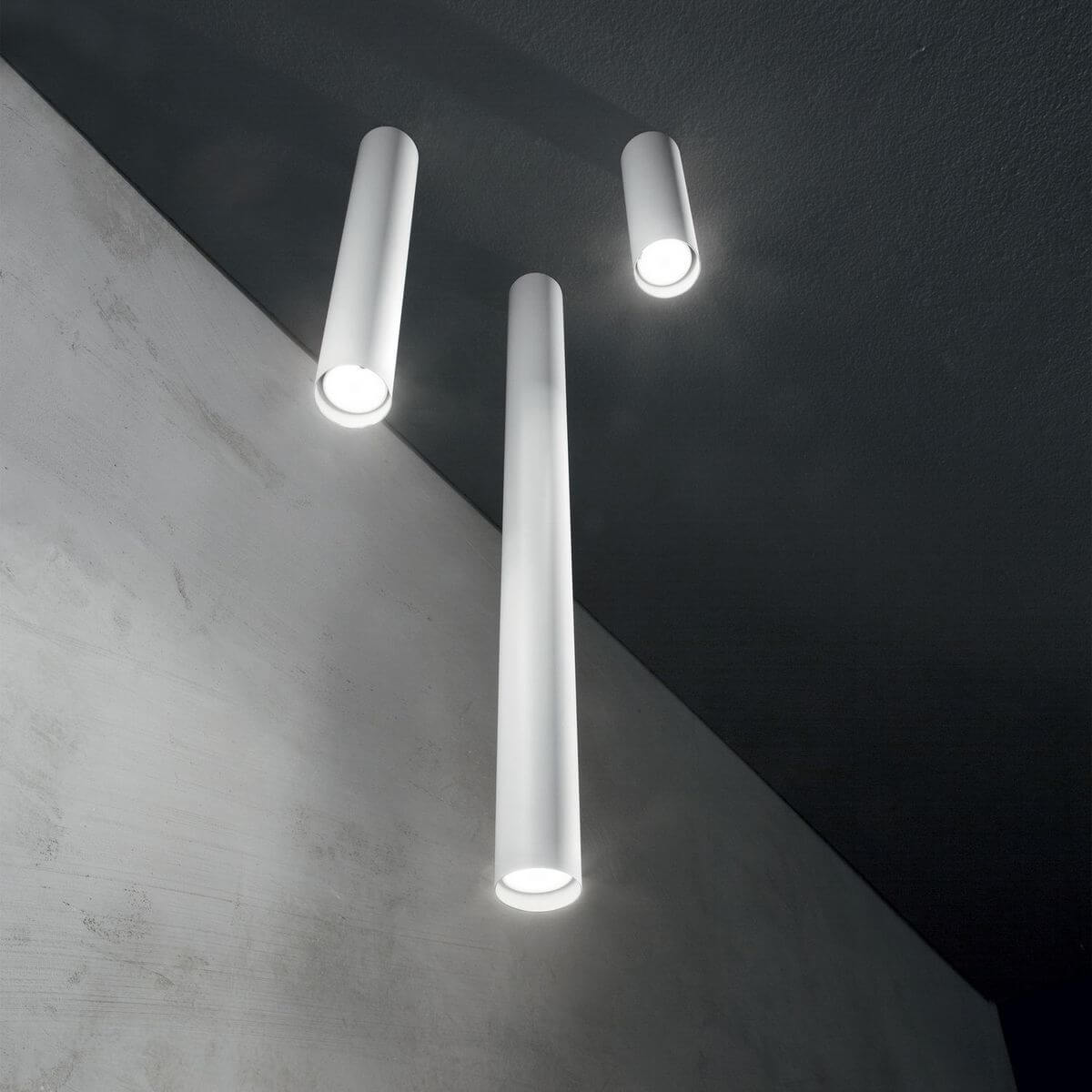 Trois plafonniers cylindriques blancs allumés, fixés au plafond sombre dans une ambiance contemporaine.