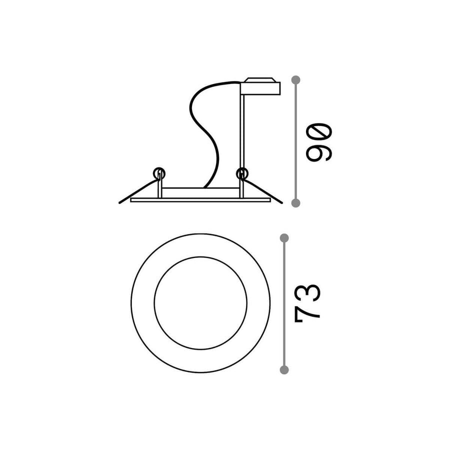 Schéma coté du spot avec diamètre 90 mm et 73 mm, vue de profil
