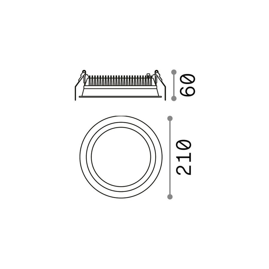Schéma technique coté montrant 210 mm de diamètre et 60 mm de profondeur d'encastrement
