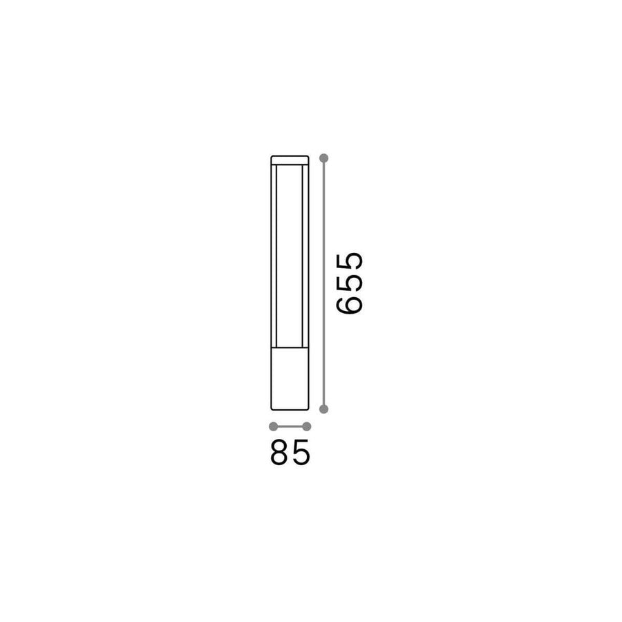 Schéma technique coté du lampadaire, hauteur six cent cinquante-cinq, largeur quatre-vingt-cinq.