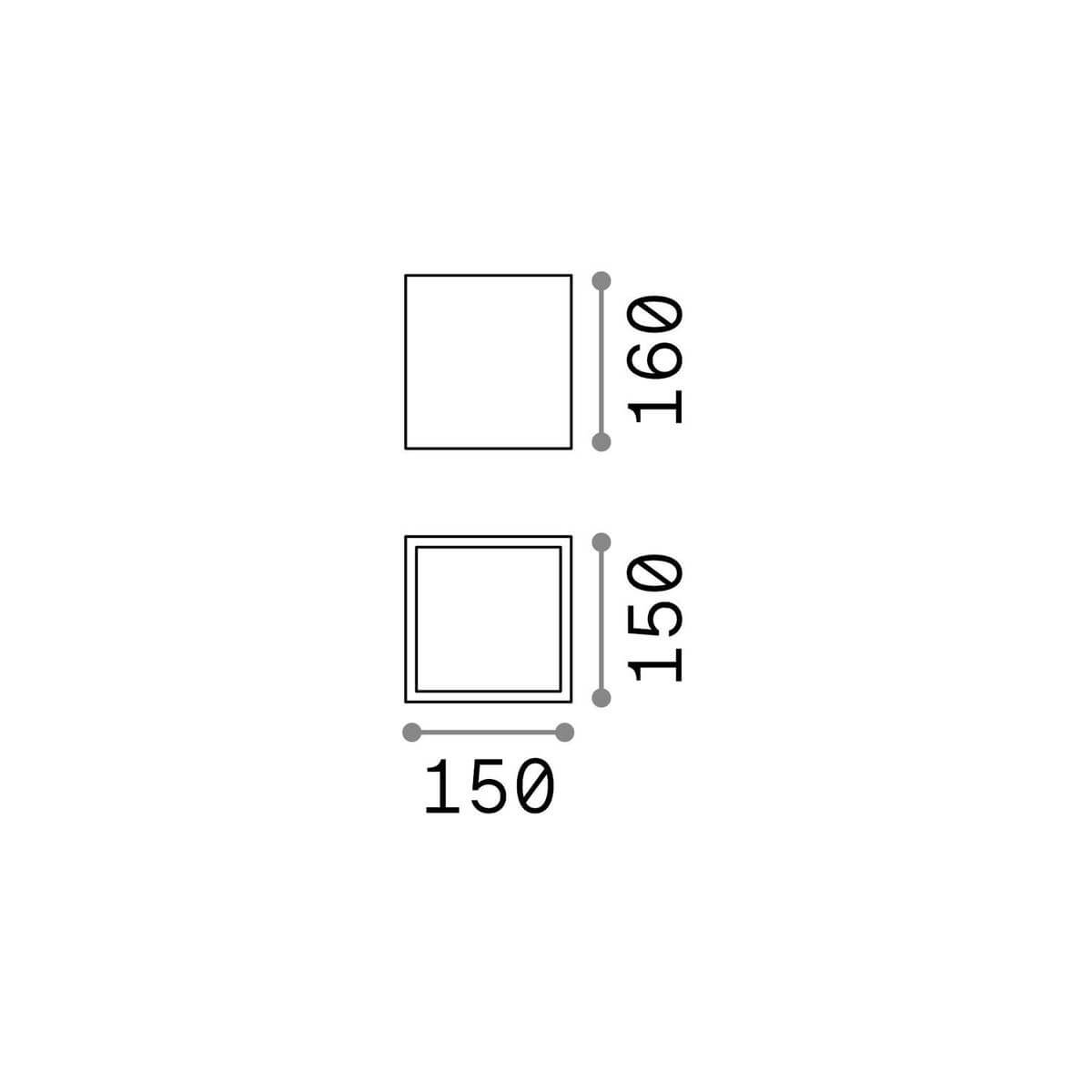 Schéma de dimensions du luminaire carré avec largeur 150 mm et hauteur 160 mm